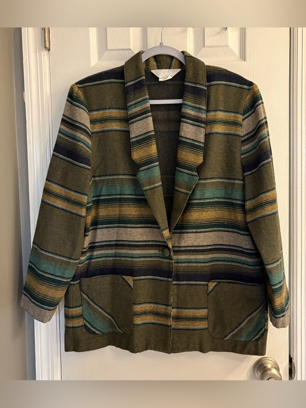 Vintage Blair Striped Jacket Women’s Size 14 Olive Green Wool Blend Blazer USA